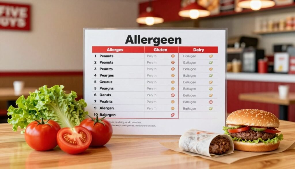 A clean, organized workspace featuring a detailed allergen chart for Five Guys menu items, displayed prominently on a wooden table. In the foreground, a colorful selection of fresh ingredients like lettuce, tomatoes, and unwrapped burger patties, artfully arranged to showcase healthy choices. In the middle, focus on a clear, concise allergen guide, with labeled sections for common allergens such as peanuts, gluten, and dairy, presented in an easy-to-read format. The background features soft, warm lighting to create an inviting atmosphere, with a blurred view of a fast-food restaurant environment, hinting at the bustling nature of Five Guys. The overall mood is informative and approachable, encouraging readers to consider dietary restrictions while enjoying flavorful options.