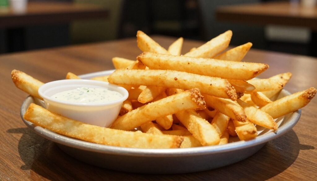 A close-up of a colorful plate of Shake Shack fries arranged artfully, showcasing their golden, crispy texture. In the foreground, a few fries are elegantly placed next to a small bowl of dipping sauce, emphasizing portion control. The middle ground features a contrasting backdrop of a wooden table that suggests a casual dining atmosphere. Soft, warm lighting illuminates the fries, creating a mouthwatering glow while casting gentle shadows that enhance their shapes. The background includes subtle hints of a Shake Shack restaurant interior, such as blurred-out tables and chairs, evoking a sense of place without distraction. The overall mood is inviting and delicious, perfect for depicting healthy dining choices without any text or clutter. A close-up of a colorful plate of Shake Shack fries arranged artfully, showcasing their golden, crispy texture. In the foreground, a few fries are elegantly placed next to a small bowl of dipping sauce, emphasizing portion control. The middle ground features a contrasting backdrop of a wooden table that suggests a casual dining atmosphere. Soft, warm lighting illuminates the fries, creating a mouthwatering glow while casting gentle shadows that enhance their shapes. The background includes subtle hints of a Shake Shack restaurant interior, such as blurred-out tables and chairs, evoking a sense of place without distraction. The overall mood is inviting and delicious, perfect for depicting healthy dining choices without any text or clutter.