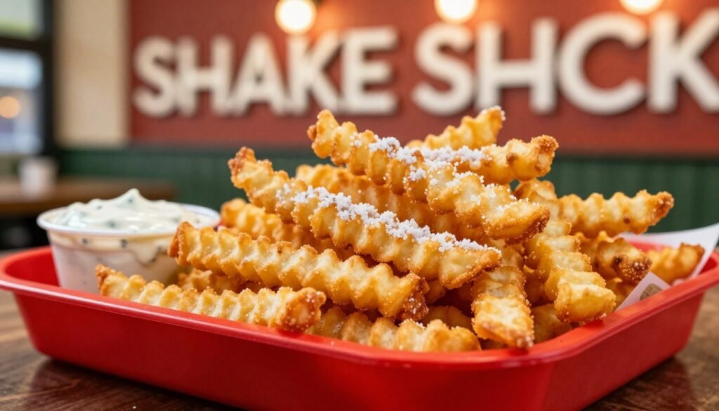 A close-up shot of a generous serving of golden-brown crinkle cut fries, perfectly crispy and lightly salted, placed in a stylish red tray. The fries are artfully piled, showcasing their unique ridges and textures, with a side of creamy ranch dipping sauce in a small cup beside them. The background features a blurred and vibrant Shake Shack interior, with warm lighting that enhances the inviting and cheerful atmosphere. The scene is captured from a slightly elevated angle, highlighting the fries' details, while the soft bokeh effect adds depth. Overall, the mood is casual and deliciously enticing, perfect for food enthusiasts and comfort food lovers. A close-up shot of a generous serving of golden-brown crinkle cut fries, perfectly crispy and lightly salted, placed in a stylish red tray. The fries are artfully piled, showcasing their unique ridges and textures, with a side of creamy ranch dipping sauce in a small cup beside them. The background features a blurred and vibrant Shake Shack interior, with warm lighting that enhances the inviting and cheerful atmosphere. The scene is captured from a slightly elevated angle, highlighting the fries' details, while the soft bokeh effect adds depth. Overall, the mood is casual and deliciously enticing, perfect for food enthusiasts and comfort food lovers.