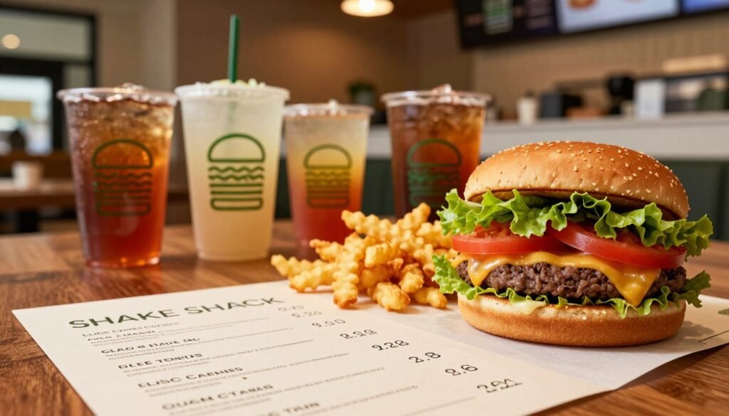 A close-up view of a beautifully arranged table featuring a detailed Shake Shack menu, highlighting item prices in an elegant and readable font without any text. The foreground includes a stunning burger with layers of fresh lettuce, juicy tomatoes, and melted cheese beside crispy crinkle-cut fries, glistening under warm, inviting lighting. The middle ground shows a colorful array of Shake Shack's beverages in stylish cups, artistically placed on the table. In the background, a softly blurred interior of a Shake Shack restaurant with warm wood tones and modern decor creates a cozy atmosphere. The scene is captured at eye level with a shallow depth of field to emphasize the tempting food items, conveying a sense of delicious anticipation. A close-up view of a beautifully arranged table featuring a detailed Shake Shack menu, highlighting item prices in an elegant and readable font without any text. The foreground includes a stunning burger with layers of fresh lettuce, juicy tomatoes, and melted cheese beside crispy crinkle-cut fries, glistening under warm, inviting lighting. The middle ground shows a colorful array of Shake Shack's beverages in stylish cups, artistically placed on the table. In the background, a softly blurred interior of a Shake Shack restaurant with warm wood tones and modern decor creates a cozy atmosphere. The scene is captured at eye level with a shallow depth of field to emphasize the tempting food items, conveying a sense of delicious anticipation.