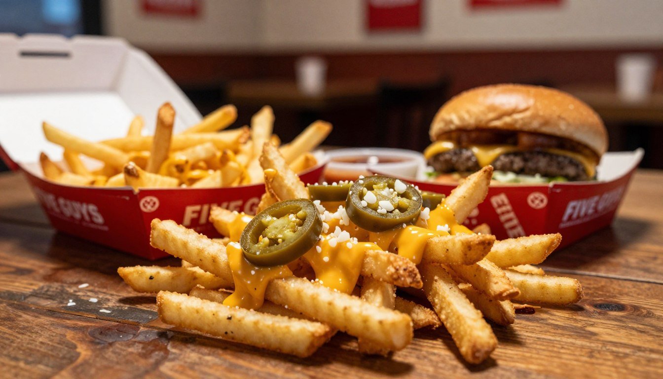 A close-up view of a delicious pile of Five Guys fries artfully arranged on a rustic wooden table, showcasing various secret fry hacks. In the foreground, crispy, golden-brown fries are sprinkled with unconventional toppings like melted cheese, jalapeños, and garlic. The middle ground features an open takeout burger box revealing extra fries, with a side of dipping sauces that hint at insider secrets. The background depicts a cozy, casual burger restaurant ambiance with warm, inviting lighting that casts soft shadows, emphasizing the texture of the fries and the wooden surface. The composition conveys a sense of foodie excitement and insider knowledge, enticing the viewer to discover the hidden culinary delights of Five Guys.