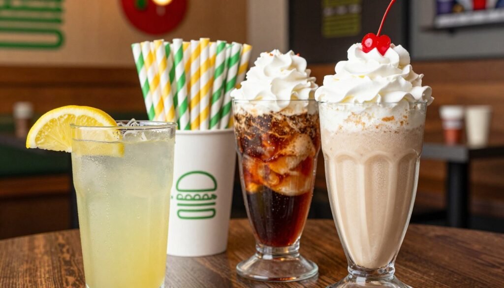 A close-up view of a table filled with an appealing selection of Shake Shack beverages. In the foreground, a frosty glass of creamy Shack Shake topped with whipped cream and a cherry, alongside a colorful, dripping float made with soda and ice cream in a tall glass. A smaller glass of fresh lemonade with lemon slices sits to the side, its condensation glistening. The middle ground features a vibrant selection of paper straws, showcasing the brand's iconic colors. The background subtly hints at a Shake Shack restaurant ambiance with warm lighting, wooden accents, and playful decor, creating a lively yet cozy atmosphere. The scene is shot from a slightly elevated angle, capturing the details in sharp focus, inviting the viewer into the delightful experience of enjoying these refreshing drinks. A close-up view of a table filled with an appealing selection of Shake Shack beverages. In the foreground, a frosty glass of creamy Shack Shake topped with whipped cream and a cherry, alongside a colorful, dripping float made with soda and ice cream in a tall glass. A smaller glass of fresh lemonade with lemon slices sits to the side, its condensation glistening. The middle ground features a vibrant selection of paper straws, showcasing the brand's iconic colors. The background subtly hints at a Shake Shack restaurant ambiance with warm lighting, wooden accents, and playful decor, creating a lively yet cozy atmosphere. The scene is shot from a slightly elevated angle, capturing the details in sharp focus, inviting the viewer into the delightful experience of enjoying these refreshing drinks.