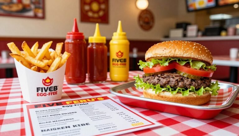 A colorful and appetizing layout of a Five Guys egg-free menu, featuring a delicious burger stacked with fresh toppings like crisp lettuce, juicy tomatoes, and pickles, all placed on a vibrant red and white checkered table. In the foreground, include a serving of golden, crispy fries in a labeled cup, showcasing their texture. In the middle, display a variety of condiments like ketchup and mustard, emphasizing options that are free from egg. The background should feature a cozy Five Guys restaurant interior, with warm lighting casting a welcoming glow. Capture the ambiance with a slightly shallow depth of field, focusing on the menu and food items, while softly blurring the background elements to create a sense of warmth and friendliness.