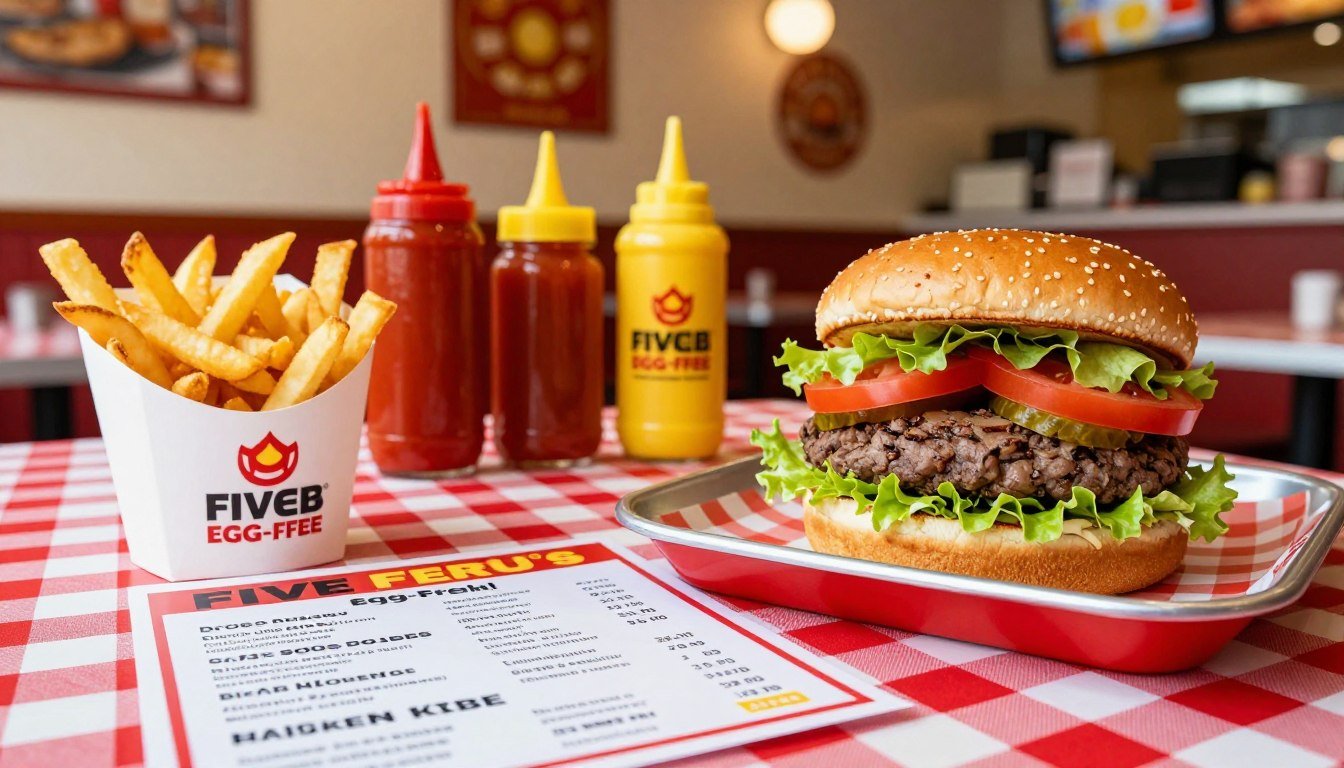 A colorful and appetizing layout of a Five Guys egg-free menu, featuring a delicious burger stacked with fresh toppings like crisp lettuce, juicy tomatoes, and pickles, all placed on a vibrant red and white checkered table. In the foreground, include a serving of golden, crispy fries in a labeled cup, showcasing their texture. In the middle, display a variety of condiments like ketchup and mustard, emphasizing options that are free from egg. The background should feature a cozy Five Guys restaurant interior, with warm lighting casting a welcoming glow. Capture the ambiance with a slightly shallow depth of field, focusing on the menu and food items, while softly blurring the background elements to create a sense of warmth and friendliness.