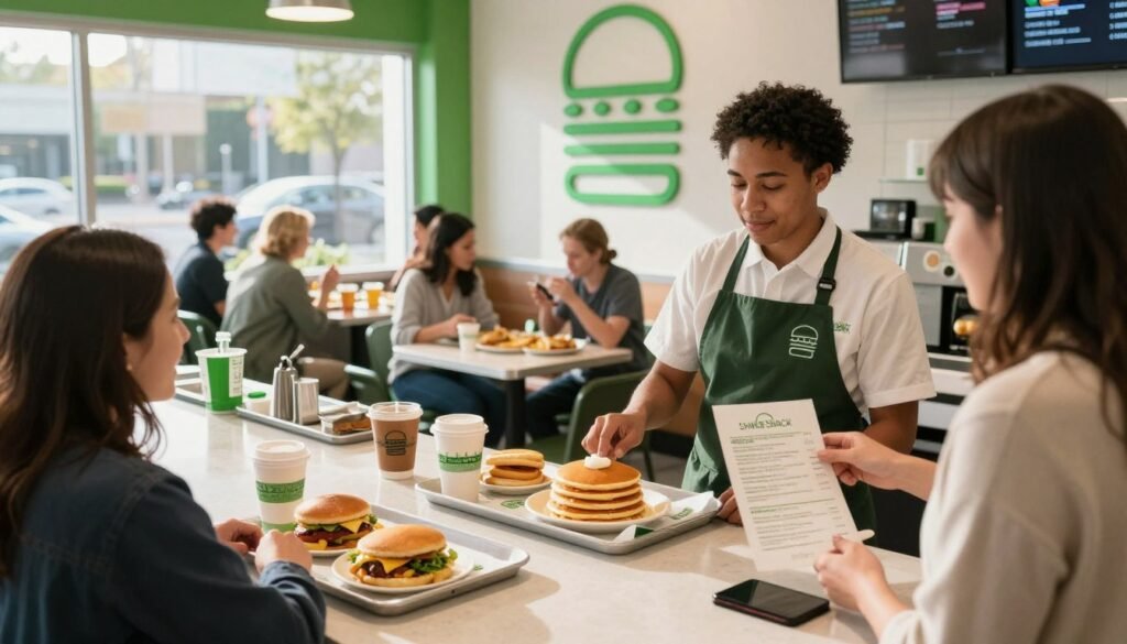 A cozy Shake Shack restaurant interior during breakfast hours, showcasing a variety of breakfast items on the counter, including fluffy pancakes, breakfast sandwiches, and coffee. In the foreground, a friendly staff member in a Shake Shack uniform interacts with a customer who is pointing at the menu. The middle ground features tables with patrons enjoying their meals, creating a warm, inviting atmosphere. The background shows large windows letting in soft morning sunlight, illuminating the bright green decor typical of Shake Shack. The scene conveys a sense of community and satisfaction, capturing the essence of breakfast availability at Shake Shack. The composition is balanced, with a slight overhead angle to encompass the vibrant environment. A cozy Shake Shack restaurant interior during breakfast hours, showcasing a variety of breakfast items on the counter, including fluffy pancakes, breakfast sandwiches, and coffee. In the foreground, a friendly staff member in a Shake Shack uniform interacts with a customer who is pointing at the menu. The middle ground features tables with patrons enjoying their meals, creating a warm, inviting atmosphere. The background shows large windows letting in soft morning sunlight, illuminating the bright green decor typical of Shake Shack. The scene conveys a sense of community and satisfaction, capturing the essence of breakfast availability at Shake Shack. The composition is balanced, with a slight overhead angle to encompass the vibrant environment.