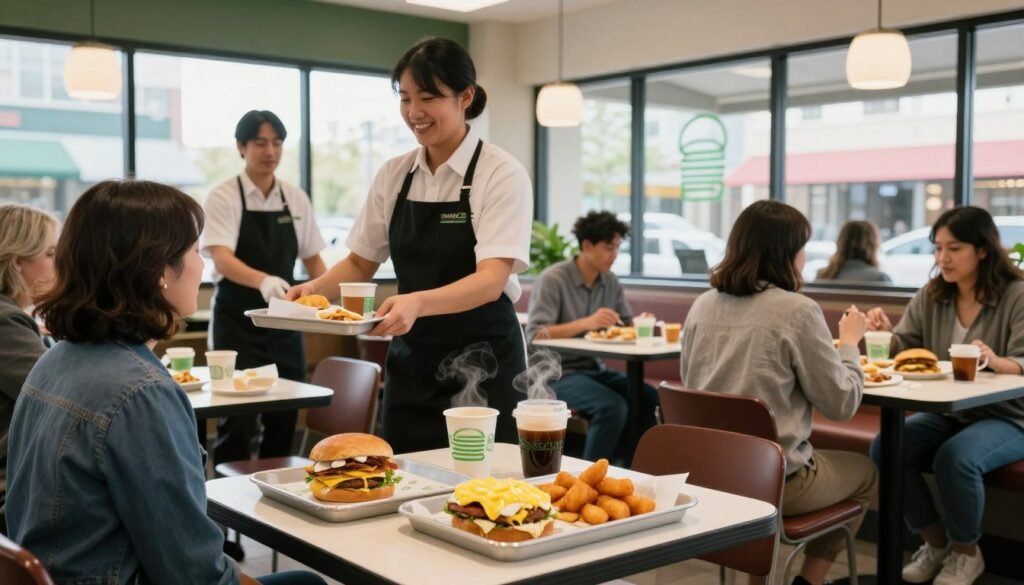 A cozy, inviting Shake Shack restaurant interior during breakfast hours, bustling with activity. In the foreground, a small table set with an assortment of breakfast items, including a fluffy egg sandwich, crispy hash browns, and a steaming cup of coffee, all arranged attractively. In the middle, friendly staff members in neat uniforms are serving customers, their expressions warm and inviting. The background features large windows letting in soft morning light, illuminating the vibrant colors of the restaurant’s decor. The atmosphere feels lively yet relaxed, with patrons enjoying their meals and engaging in conversation. The scene captures the essence of a cheerful morning at Shake Shack, focusing on the blend of delicious food and a welcoming environment. A cozy, inviting Shake Shack restaurant interior during breakfast hours, bustling with activity. In the foreground, a small table set with an assortment of breakfast items, including a fluffy egg sandwich, crispy hash browns, and a steaming cup of coffee, all arranged attractively. In the middle, friendly staff members in neat uniforms are serving customers, their expressions warm and inviting. The background features large windows letting in soft morning light, illuminating the vibrant colors of the restaurant’s decor. The atmosphere feels lively yet relaxed, with patrons enjoying their meals and engaging in conversation. The scene captures the essence of a cheerful morning at Shake Shack, focusing on the blend of delicious food and a welcoming environment.