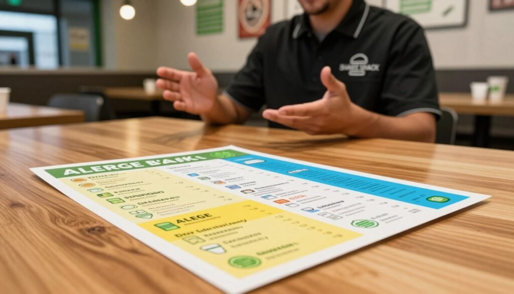 A detailed and visually engaging allergen menu from Shake Shack, prominently displayed on a sleek wooden table. The foreground features a close-up of a vibrant, colorful allergen menu, showcasing sections for different allergens distinctly marked with icons. In the middle background, a friendly staff member in a neat Shake Shack uniform explains the menu, highlighting key points while gesturing amiably. The scene is set in a well-lit, modern restaurant environment, with soft warm lighting that brings out the inviting colors of the menu and the natural wood tones of the table. The overall atmosphere is professional yet relaxed, embodying a sense of safety and inclusivity for customers with food allergies. The angle is slightly tilted to capture the menu and the staff member's interaction clearly.