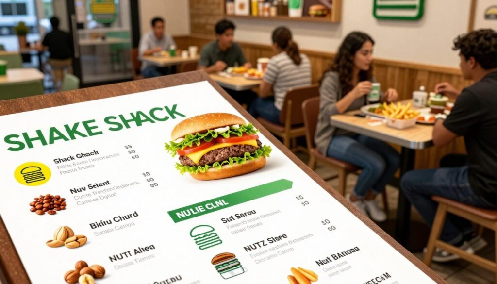 A detailed and visually engaging representation of allergen information specifically related to nut allergies at Shake Shack. In the foreground, display a colorful, neatly organized allergen menu featuring icons for different allergens, with a clear emphasis on nut-related symbols. The middle layer should showcase a Shake Shack burger and fries, artistically presented, highlighting freshness and quality. In the background, illustrate a friendly Shake Shack restaurant interior, with wooden tables and patrons enjoying their meals, creating a lively yet informative atmosphere. Use warm, inviting lighting to evoke a sense of comfort. Capture the scene with a slight overhead angle to encompass both the menu details and the restaurant environment, keeping the overall mood educational yet welcoming. No text or logos should be present in the image.