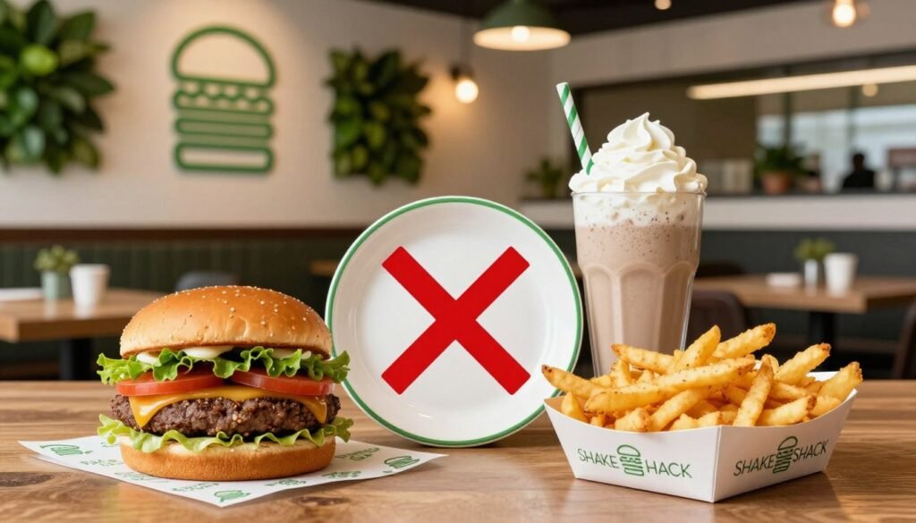 A detailed illustration of the Shake Shack gluten intolerance menu. In the foreground, create a beautifully arranged but clearly marked table setting featuring gluten-laden items, such as burgers in traditional buns, milkshakes topped with whipped cream, and crispy fries, all displayed on classic Shake Shack packaging. In the middle, incorporate an elegant plate with a red "X" overlay to symbolize items to avoid, subtly hinting at gluten content. The background should capture the vibrant ambiance of a Shake Shack restaurant, with warm lighting that evokes a casual dining mood. Add fresh greenery and modern decor on the walls to bring life to the scene. Use a slight depth of field to keep the focus on the menu items while retaining a hint of the lively restaurant atmosphere. A detailed illustration of the Shake Shack gluten intolerance menu. In the foreground, create a beautifully arranged but clearly marked table setting featuring gluten-laden items, such as burgers in traditional buns, milkshakes topped with whipped cream, and crispy fries, all displayed on classic Shake Shack packaging. In the middle, incorporate an elegant plate with a red "X" overlay to symbolize items to avoid, subtly hinting at gluten content. The background should capture the vibrant ambiance of a Shake Shack restaurant, with warm lighting that evokes a casual dining mood. Add fresh greenery and modern decor on the walls to bring life to the scene. Use a slight depth of field to keep the focus on the menu items while retaining a hint of the lively restaurant atmosphere.