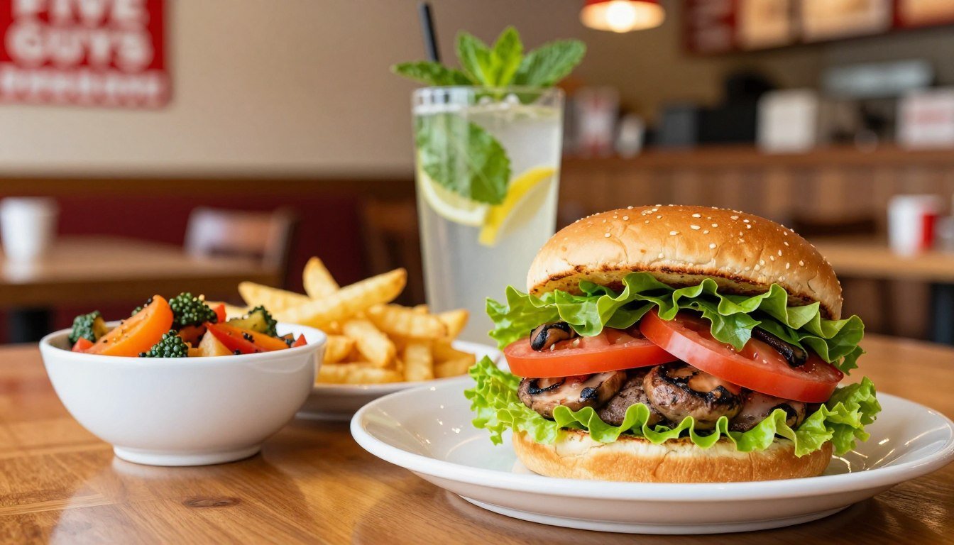 A healthy meal spread from Five Guys, showcasing a colorful variety of their nutritious options. In the foreground, a well-balanced burger made with a lettuce wrap instead of a bun, topped with fresh tomatoes, leafy greens, and grilled mushrooms, beautifully plated. Beside it, a bowl of seasoned vegetables and a small side of their lighter fries. In the middle ground, a refreshing drink, perhaps a sparkling water infused with lemon and mint, adding a pop of color. The background features the inviting interior of a Five Guys restaurant, with warm wood tones and ambient lighting, creating a cozy atmosphere. Soft focus on the background to emphasize the meal, shot at eye level to highlight the details in a natural light setting.
