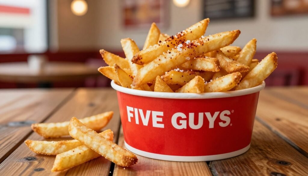 A heaping serving of Five Guys fries, perfectly golden and crispy, sits in a red-striped paper cup, placed prominently in the foreground. Some fries spill out onto a rustic wooden table, emphasizing their texture and freshness. In the background, a blurred view of a bright, casual restaurant setting with warm lighting creates a cozy atmosphere. The focus is sharp on the fries, showcasing their delicious, thick-cut appearance sprinkled with sea salt and a hint of Cajun seasoning, evoking a mouthwatering sensation. The scene is captured from a slightly overhead angle, inviting the viewer to indulge in the vibrant colors and tempting presentation of these iconic fries. A heaping serving of Five Guys fries, perfectly golden and crispy, sits in a red-striped paper cup, placed prominently in the foreground. Some fries spill out onto a rustic wooden table, emphasizing their texture and freshness. In the background, a blurred view of a bright, casual restaurant setting with warm lighting creates a cozy atmosphere. The focus is sharp on the fries, showcasing their delicious, thick-cut appearance sprinkled with sea salt and a hint of Cajun seasoning, evoking a mouthwatering sensation. The scene is captured from a slightly overhead angle, inviting the viewer to indulge in the vibrant colors and tempting presentation of these iconic fries.