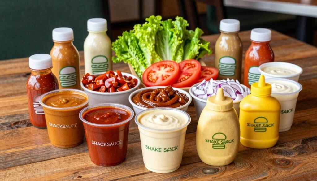 A high-quality, appetizing image featuring an array of Shake Shack's gluten-free sauces, condiments, and toppings arranged beautifully on a rustic wooden table. In the foreground, place colorful sauce containers with rich textures, including ShackSauce, spicy mayo, and mustard, each vividly labeled. In the middle, showcase an assortment of fresh toppings like crisp lettuce, ripe tomatoes, and chopped onions, artfully displayed in small bowls. The background should include a hint of Shake Shack branding, with a softly blurred view of the restaurant ambiance, evoking a warm and inviting atmosphere. Use natural lighting to enhance the freshness of the ingredients, captured from a slightly elevated angle to give a comprehensive view of the delicious options available, creating a mouthwatering and appetizing scene. A high-quality, appetizing image featuring an array of Shake Shack's gluten-free sauces, condiments, and toppings arranged beautifully on a rustic wooden table. In the foreground, place colorful sauce containers with rich textures, including ShackSauce, spicy mayo, and mustard, each vividly labeled. In the middle, showcase an assortment of fresh toppings like crisp lettuce, ripe tomatoes, and chopped onions, artfully displayed in small bowls. The background should include a hint of Shake Shack branding, with a softly blurred view of the restaurant ambiance, evoking a warm and inviting atmosphere. Use natural lighting to enhance the freshness of the ingredients, captured from a slightly elevated angle to give a comprehensive view of the delicious options available, creating a mouthwatering and appetizing scene.
