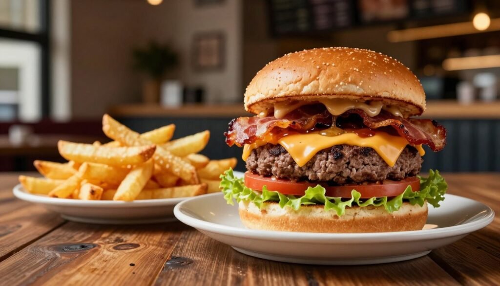 A lavish setup featuring an exclusive burger known as the "Presidential Burger," beautifully plated in the foreground. This gourmet burger is stacked high with a juicy beef patty, crisp lettuce, ripe tomato, savory bacon, melted cheddar cheese, and a special sauce, all nestled in a freshly baked brioche bun. Accompany it with a side of golden, crispy fries artfully arranged on a rustic wooden table. In the middle ground, a blurred hint of a modern restaurant interior provides a sophisticated ambiance. The background showcases warm and inviting lighting, enhancing the luxurious feel of the scene. Capture the image from a slight overhead angle with a soft focus, creating a mouthwatering and upscale atmosphere that illustrates the indulgence of gourmet burgers. A lavish setup featuring an exclusive burger known as the "Presidential Burger," beautifully plated in the foreground. This gourmet burger is stacked high with a juicy beef patty, crisp lettuce, ripe tomato, savory bacon, melted cheddar cheese, and a special sauce, all nestled in a freshly baked brioche bun. Accompany it with a side of golden, crispy fries artfully arranged on a rustic wooden table. In the middle ground, a blurred hint of a modern restaurant interior provides a sophisticated ambiance. The background showcases warm and inviting lighting, enhancing the luxurious feel of the scene. Capture the image from a slight overhead angle with a soft focus, creating a mouthwatering and upscale atmosphere that illustrates the indulgence of gourmet burgers.