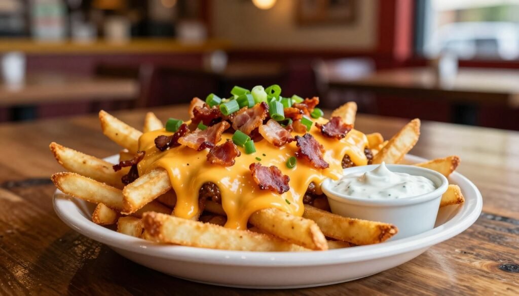 A mouthwatering plate of Chili's Texas Cheese Fries, overflowing with melty cheddar cheese and topped with crispy bacon bits and fresh green onions, positioned prominently in the foreground. The fries are golden brown and perfectly crisp, garnished with a side of tangy ranch dressing for dipping. In the middle ground, a rustic wooden table adds warmth, and a subtle hint of a vibrant restaurant ambiance can be seen blurred in the background, with soft, warm lighting creating an inviting atmosphere. Use a shallow depth of field to emphasize the fries, with a slight angle that draws the viewer's eye toward the delicious details. The mood is casual and inviting, perfect for a lunchtime treat shared among friends. Ensure the image is bright, appetizing, and engaging without any text or watermarks.