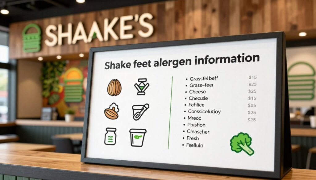 A professional and informative representation of "Shake Shack allergen information" displayed clearly on a modern menu board. In the foreground, detailed allergen icons (like nut, gluten, dairy symbols) are artistically arranged, alongside a simplified list of ingredients such as grass-fed beef, cheese, and fresh vegetables. The middle layer features a well-lit, engaging backdrop of a stylish Shake Shack interior, showcasing wood finishes and vibrant decor. Soft, natural lighting highlights the menu board, creating a welcoming atmosphere. The image is captured from a slightly elevated angle to emphasize the content on the board while still revealing the context of the restaurant ambiance. The overall mood is informative yet friendly, suited for a nutrition guide article. A professional and informative representation of "Shake Shack allergen information" displayed clearly on a modern menu board. In the foreground, detailed allergen icons (like nut, gluten, dairy symbols) are artistically arranged, alongside a simplified list of ingredients such as grass-fed beef, cheese, and fresh vegetables. The middle layer features a well-lit, engaging backdrop of a stylish Shake Shack interior, showcasing wood finishes and vibrant decor. Soft, natural lighting highlights the menu board, creating a welcoming atmosphere. The image is captured from a slightly elevated angle to emphasize the content on the board while still revealing the context of the restaurant ambiance. The overall mood is informative yet friendly, suited for a nutrition guide article.