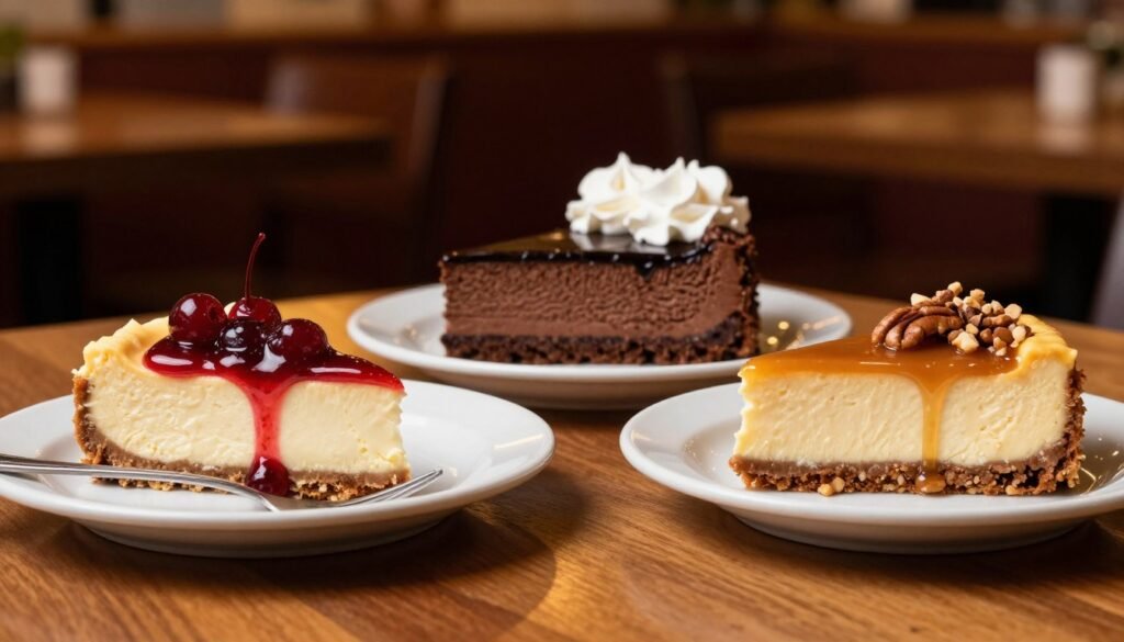 A tempting display of Chili's cheesecake selections, featuring three distinct varieties: a rich New York-style cheesecake topped with a glossy cherry sauce, a creamy chocolate cheesecake drizzled with dark chocolate, and a luscious caramel cheesecake adorned with crushed pecans. The foreground showcases these delectable desserts artfully arranged on a wooden table, each piece sitting on elegant dessert plates with a fork beside them. In the middle, a soft-focus double-layer chocolate cheesecake with whipped cream embellishments draws the eye. The background features a softly lit restaurant setting, subtly blurred to emphasize the cheesecakes. Warm, ambient lighting casts a golden hue, creating an inviting and indulgent atmosphere. This scene evokes a sense of sweetness and comfort, perfect for dessert lovers. A tempting display of Chili's cheesecake selections, featuring three distinct varieties: a rich New York-style cheesecake topped with a glossy cherry sauce, a creamy chocolate cheesecake drizzled with dark chocolate, and a luscious caramel cheesecake adorned with crushed pecans. The foreground showcases these delectable desserts artfully arranged on a wooden table, each piece sitting on elegant dessert plates with a fork beside them. In the middle, a soft-focus double-layer chocolate cheesecake with whipped cream embellishments draws the eye. The background features a softly lit restaurant setting, subtly blurred to emphasize the cheesecakes. Warm, ambient lighting casts a golden hue, creating an inviting and indulgent atmosphere. This scene evokes a sense of sweetness and comfort, perfect for dessert lovers.
