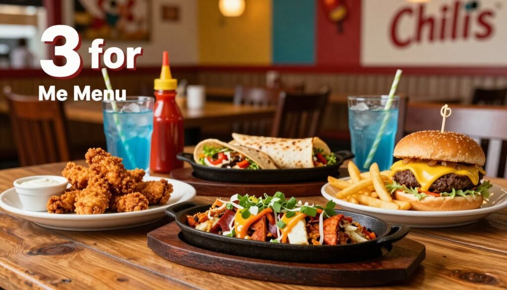 A vibrant Chili's restaurant table set for a delightful dining experience, showcasing a selection of the "3 for Me Menu" entrees. In the foreground, three enticing dishes: crispy chicken tenders with dipping sauce, flavorful fajitas sizzling on a cast iron skillet, and a sumptuous cheesy burger with fries, artfully arranged. The middle ground features a rustic wooden table adorned with colorful condiments and stylish dinnerware, creating an inviting atmosphere. In the background, softly blurred, hints of a cheerful dining environment with tasteful Chili's decor and warm ambient lighting. Capture the coziness of the restaurant setting with a shallow depth of field, emphasizing the food while creating a welcoming mood. Use soft, natural lighting to enhance the colors and textures of the dishes, inviting viewers to enjoy the enticing flavors of Chili's dining options. A vibrant Chili's restaurant table set for a delightful dining experience, showcasing a selection of the "3 for Me Menu" entrees. In the foreground, three enticing dishes: crispy chicken tenders with dipping sauce, flavorful fajitas sizzling on a cast iron skillet, and a sumptuous cheesy burger with fries, artfully arranged. The middle ground features a rustic wooden table adorned with colorful condiments and stylish dinnerware, creating an inviting atmosphere. In the background, softly blurred, hints of a cheerful dining environment with tasteful Chili's decor and warm ambient lighting. Capture the coziness of the restaurant setting with a shallow depth of field, emphasizing the food while creating a welcoming mood. Use soft, natural lighting to enhance the colors and textures of the dishes, inviting viewers to enjoy the enticing flavors of Chili's dining options.
