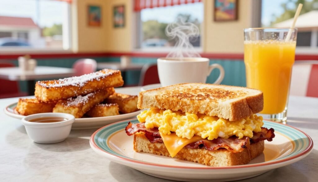 A vibrant Sonic morning menu scene featuring a classic breakfast sandwich and a side of crispy French toast sticks. In the foreground, the toasted sandwich is layered with fluffy scrambled eggs, melted cheddar cheese, and bacon, displayed on a colorful ceramic plate. The French toast sticks are golden-brown and sprinkled with powdered sugar, served in a small dipping dish of warm syrup. In the middle ground, a steaming cup of coffee and a fresh orange juice glass add to the breakfast setting. The background features a sunny suburban diner with cheerful decor, brightening up the atmosphere with playful colors. Natural light pours in through large windows, creating a warm and inviting vibe. The image captures the essence of a joyful morning, enticing the viewer with a delicious and satisfying breakfast experience. A vibrant Sonic morning menu scene featuring a classic breakfast sandwich and a side of crispy French toast sticks. In the foreground, the toasted sandwich is layered with fluffy scrambled eggs, melted cheddar cheese, and bacon, displayed on a colorful ceramic plate. The French toast sticks are golden-brown and sprinkled with powdered sugar, served in a small dipping dish of warm syrup. In the middle ground, a steaming cup of coffee and a fresh orange juice glass add to the breakfast setting. The background features a sunny suburban diner with cheerful decor, brightening up the atmosphere with playful colors. Natural light pours in through large windows, creating a warm and inviting vibe. The image captures the essence of a joyful morning, enticing the viewer with a delicious and satisfying breakfast experience.