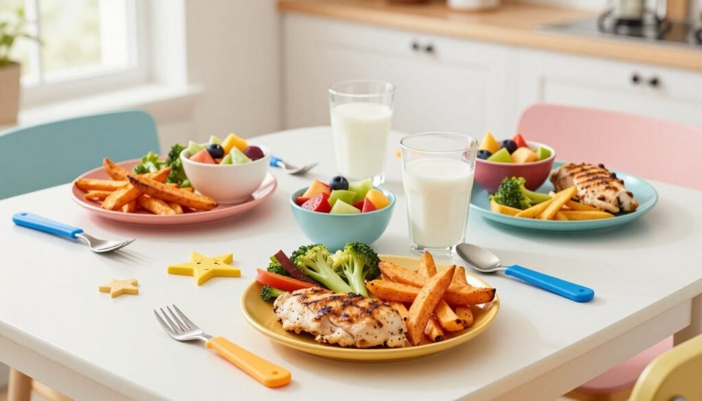 A vibrant and appetizing display of healthy kids' meals on a cheerful dining table. In the foreground, there are colorful plates featuring a variety of balanced options: grilled chicken strips, sweet potato fries, fresh vegetable sticks, and a small bowl of fruit salad. Each plate is carefully arranged to appeal to children, with fun shapes and bright colors. In the middle ground, there are playful cups of milk and water, accompanied by reusable utensils. The background features a cozy kitchen setting with bright, natural lighting streaming in through a window, enhancing the freshness of the meal. The mood is inviting and positive, perfectly capturing the essence of nourishing food that children would enjoy. The composition is viewed from a slight overhead angle to showcase the variety of dishes attractively.