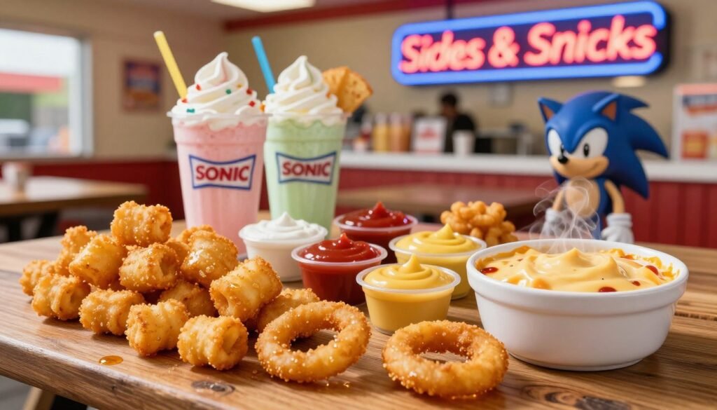 A vibrant and appetizing display of popular Sonic sides and snacks, arranged neatly on a wooden picnic table. In the foreground, showcase a variety of golden, crispy tater tots and onion rings, glistening with a light coating of oil. Beside them, a steaming bowl of cheesy chili con queso dip. In the middle, a colorful selection of dipping sauces in small cups, including ranch, ketchup, and honey mustard. The background features blurred images of Sonic's signature ice cream shakes and a retro-style neon sign promoting "Sides & Snacks." Soft, warm lighting creates an inviting atmosphere reminiscent of a sunny day at a fast-food drive-in, with a shallow depth of field to draw attention to the food. A vibrant and appetizing display of popular Sonic sides and snacks, arranged neatly on a wooden picnic table. In the foreground, showcase a variety of golden, crispy tater tots and onion rings, glistening with a light coating of oil. Beside them, a steaming bowl of cheesy chili con queso dip. In the middle, a colorful selection of dipping sauces in small cups, including ranch, ketchup, and honey mustard. The background features blurred images of Sonic's signature ice cream shakes and a retro-style neon sign promoting "Sides & Snacks." Soft, warm lighting creates an inviting atmosphere reminiscent of a sunny day at a fast-food drive-in, with a shallow depth of field to draw attention to the food.
