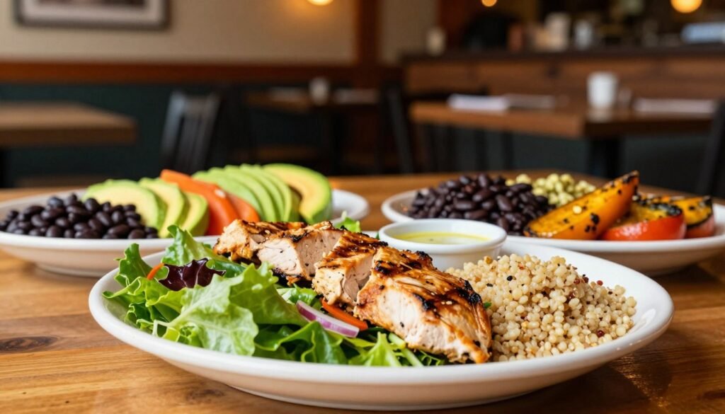 A vibrant and appetizing table setting featuring healthy options from Chili's menu. In the foreground, a beautifully arranged plate with grilled chicken salad, roasted vegetables, and a side of quinoa. The middle ground showcases a colorful selection of fresh side dishes like avocado slices, black beans, and a light vinaigrette dressing. In the background, a warm and inviting restaurant ambiance with soft lighting and rustic wooden decor enhances the setting. The angle captures the enticing details of the food while creating a welcoming atmosphere. The mood is cheerful and health-conscious, inviting viewers to explore nutritious dining choices. The image should have a natural, bright lighting effect, emphasizing the freshness of the ingredients without any text or overlays. A vibrant and appetizing table setting featuring healthy options from Chili's menu. In the foreground, a beautifully arranged plate with grilled chicken salad, roasted vegetables, and a side of quinoa. The middle ground showcases a colorful selection of fresh side dishes like avocado slices, black beans, and a light vinaigrette dressing. In the background, a warm and inviting restaurant ambiance with soft lighting and rustic wooden decor enhances the setting. The angle captures the enticing details of the food while creating a welcoming atmosphere. The mood is cheerful and health-conscious, inviting viewers to explore nutritious dining choices. The image should have a natural, bright lighting effect, emphasizing the freshness of the ingredients without any text or overlays.