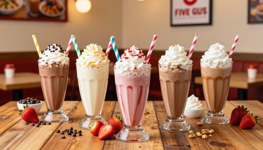A vibrant and enticing scene showcasing an array of Five Guys milkshake flavors. In the foreground, five tall, clear cups filled with thick, creamy milkshakes in different colors and textures—chocolate, vanilla, strawberry, coffee, and peanut butter—each topped with whipped cream and colorful straws. The middle section features a rustic wooden table scattered with fresh ingredients and toppings like chocolate chips, strawberries, and whipped cream, enhancing the indulgence. In the background, a softly blurred Five Guys restaurant interior with warm, inviting lighting, showcasing a cozy atmosphere ideal for enjoying a treat. The overall mood is cheerful and appetizing, highlighting the delicious options available with rich colors and textures that draw the viewer in. A vibrant and enticing scene showcasing an array of Five Guys milkshake flavors. In the foreground, five tall, clear cups filled with thick, creamy milkshakes in different colors and textures—chocolate, vanilla, strawberry, coffee, and peanut butter—each topped with whipped cream and colorful straws. The middle section features a rustic wooden table scattered with fresh ingredients and toppings like chocolate chips, strawberries, and whipped cream, enhancing the indulgence. In the background, a softly blurred Five Guys restaurant interior with warm, inviting lighting, showcasing a cozy atmosphere ideal for enjoying a treat. The overall mood is cheerful and appetizing, highlighting the delicious options available with rich colors and textures that draw the viewer in.