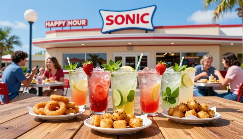 A vibrant and inviting Sonic Happy Hour scene featuring a selection of seasonal and regional offerings. In the foreground, display colorful drinks in various seasonal flavors, such as strawberry lemonade and mint mojito, with decorative garnishes like fresh fruit and mint leaves. Surround the drinks with small plates of delicious appetizers, like onion rings and loaded tater tots, arranged artfully on a rustic wooden table. The middle ground showcases a lively Sonic drive-in with vintage-style signs and cheerful patrons enjoying their meals, depicted in modest casual clothing. In the background, a bright blue sky complements the Sonic building, with playful sunlight casting warm shadows. Capture an upbeat, festive atmosphere that evokes the joy of enjoying Sonic's seasonal delights during happy hour. Use a wide-angle lens to encompass the entire lively scene.