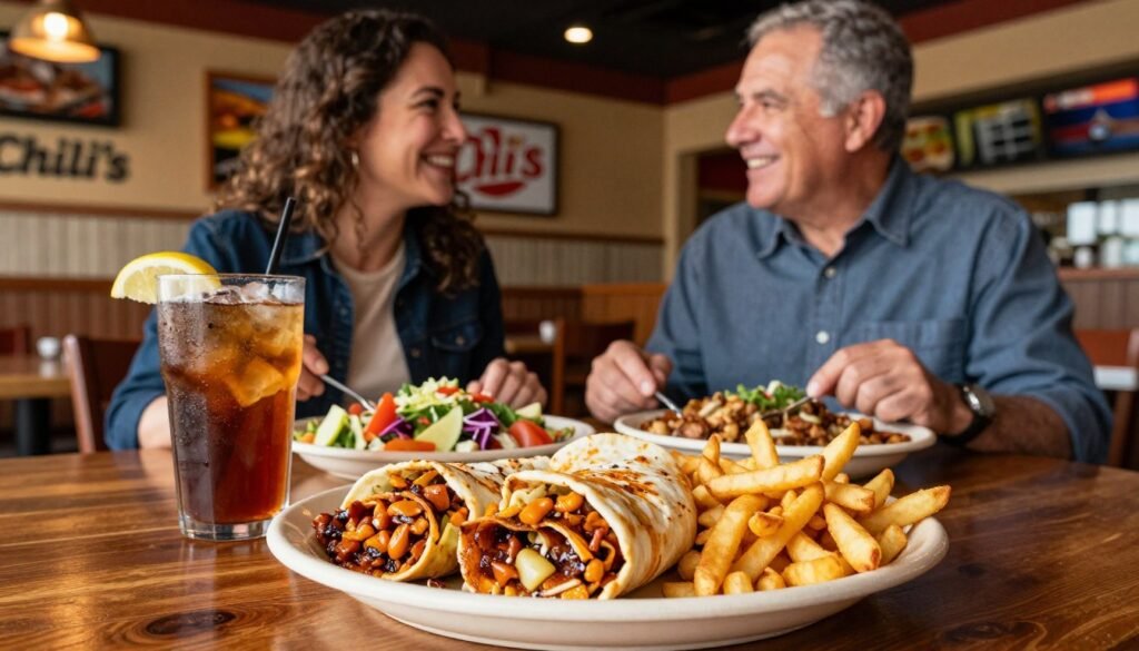 A vibrant and inviting scene showcasing a table at Chili's restaurant set for lunch. In the foreground, a beautifully arranged plate of Chili's $8 lunch specials, featuring a sizzling fajita, a colorful salad, and a side of crispy fries. A tall glass of iced tea with a lemon wedge is placed beside the plate. In the middle ground, a well-dressed couple enjoys their meal, both in smart casual attire, smiling and engaging with each other, radiating a relaxed and friendly atmosphere. The background features the restaurant's rustic decor with warm wooden accents and soft, glowing lighting that creates a cozy ambiance. The image captures a sense of enjoyment and satisfaction, emphasizing the affordability and quality of the meals. A vibrant and inviting scene showcasing a table at Chili's restaurant set for lunch. In the foreground, a beautifully arranged plate of Chili's $8 lunch specials, featuring a sizzling fajita, a colorful salad, and a side of crispy fries. A tall glass of iced tea with a lemon wedge is placed beside the plate. In the middle ground, a well-dressed couple enjoys their meal, both in smart casual attire, smiling and engaging with each other, radiating a relaxed and friendly atmosphere. The background features the restaurant's rustic decor with warm wooden accents and soft, glowing lighting that creates a cozy ambiance. The image captures a sense of enjoyment and satisfaction, emphasizing the affordability and quality of the meals.