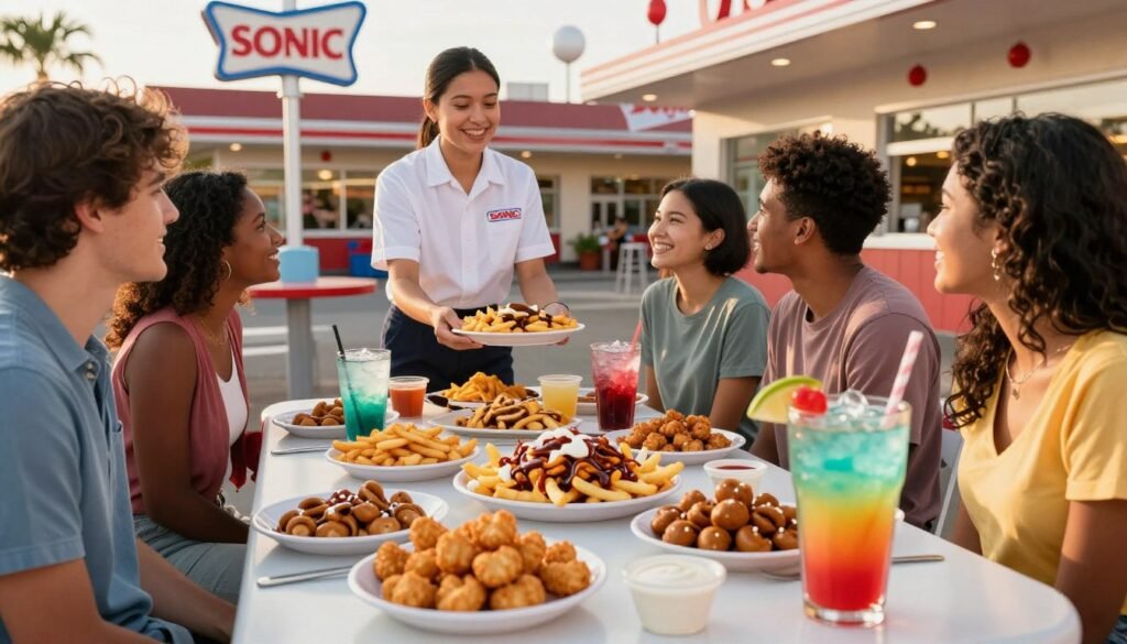 A vibrant and inviting table filled with an array of Sonic Happy Hour snacks, including crispy tater tots, loaded chili cheese fries, and soft pretzel bites with dipping sauces. In the foreground, a colorful drink with ice and a vibrant garnish captures the viewer's attention. The middle ground features a friendly server, dressed in a Sonic uniform, serving a platter of snacks to a diverse group of smiling customers casually enjoying their time together. The background is a lively Sonic drive-in, with retro signage and cheerful decor, under warm golden hour lighting casting a soft glow. The scene exudes a fun, relaxed atmosphere, perfect for a happy hour gathering.