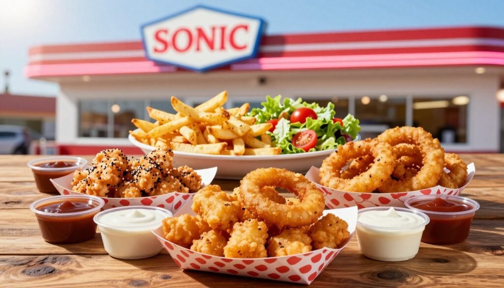A vibrant, appetizing spread of Sonic's affordable sides, arranged on a rustic wooden table. In the foreground, crispy tater tots and golden onion rings are presented in stylish paper baskets, surrounded by small dipping sauces like ranch and barbecue. The middle layer features a plate of perfectly cooked, lightly seasoned fries alongside a vibrant, fresh salad with colorful cherry tomatoes and crisp lettuce. In the background, a classic Sonic Drive-In restaurant can be seen with its bright neon colors and retro aesthetic, evoking a cheerful atmosphere. The scene is illuminated by warm, inviting sunlight, creating a cozy dining vibe. Use a soft focus on the background while keeping the food items in sharp detail, emphasizing the deliciousness of affordable eats that satisfy any craving. A vibrant, appetizing spread of Sonic's affordable sides, arranged on a rustic wooden table. In the foreground, crispy tater tots and golden onion rings are presented in stylish paper baskets, surrounded by small dipping sauces like ranch and barbecue. The middle layer features a plate of perfectly cooked, lightly seasoned fries alongside a vibrant, fresh salad with colorful cherry tomatoes and crisp lettuce. In the background, a classic Sonic Drive-In restaurant can be seen with its bright neon colors and retro aesthetic, evoking a cheerful atmosphere. The scene is illuminated by warm, inviting sunlight, creating a cozy dining vibe. Use a soft focus on the background while keeping the food items in sharp detail, emphasizing the deliciousness of affordable eats that satisfy any craving.