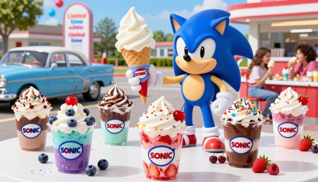 A vibrant, colorful display of Sonic ice cream specials, featuring a variety of delectable ice cream sundaes and parfaits. In the foreground, several enticing ice cream cups with layers of colorful flavors such as blueberry, strawberry, and chocolate fudge, topped with whipped cream, cherries, and sprinkles. The middle ground showcases Sonic’s iconic blue hedgehog mascot happily presenting a giant ice cream cone, surrounded by limited-time offer signs decorated with bright colors. The background includes a sunny day at a Sonic drive-in, with classic cars parked and happy customers enjoying their ice cream. Use soft, natural lighting to enhance the bright colors and create a cheerful, inviting atmosphere, captured from a slightly elevated angle for a comprehensive view.