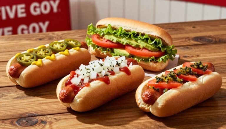 A vibrant display of Five Guys hot dog options featuring a rustic wooden table as the foreground. Showcase three distinct hot dogs with various toppings: one with spicy jalapeños and mustard, another loaded with diced onions and ketchup, and a third topped with relish and fresh tomatoes. In the middle, include a delectable veggie sandwich bursting with fresh lettuce, tomato slices, and avocado, all in a toasted whole wheat bun. Set the scene with a warm, inviting atmosphere created by soft, natural lighting filtering in from the side, casting gentle shadows. In the background, hint at the Five Guys restaurant ambiance with a blurred glimpse of classic red and white décor to evoke the fast-casual dining experience. The angle should be slightly overhead, capturing the delicious details and colors of the food.