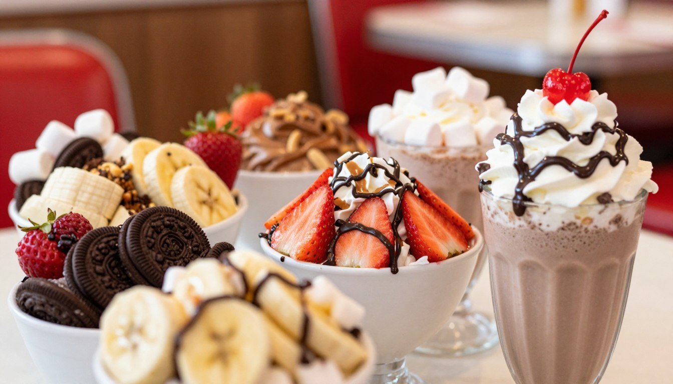 A vibrant display of Five Guys milkshake mix-in options, featuring bowls filled with an assortment of colorful toppings such as crushed Oreos, fresh strawberries, bananas, marshmallows, and peanut butter cups. In the foreground, slightly blurred to suggest depth, a creamy milkshake topped with whipped cream, drizzled chocolate, and a cherry sits invitingly. The middle features an array of mix-ins artfully arranged, showcasing their rich textures and colors. The background is softly illuminated with warm, inviting light, creating a cozy atmosphere reminiscent of a classic American diner. Use a close-up angle to emphasize the delicious detail of each ingredient, ensuring a mouth-watering presentation that captures the essence of indulgent milkshakes.
