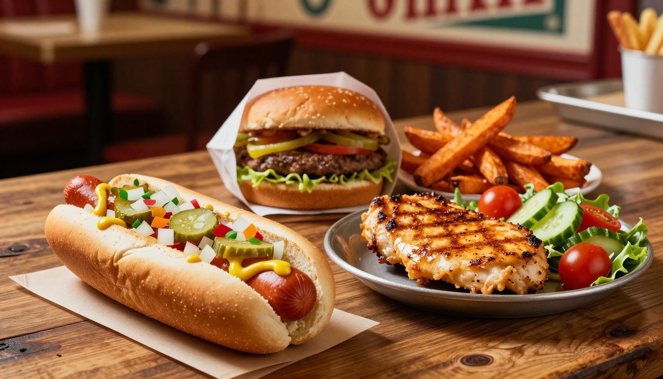 A vibrant display of gluten-free fast food options on a rustic wooden table. In the foreground, a freshly prepared hot dog in a gluten-free bun, garnished with colorful toppings like diced onions, pickles, and mustard, exuding a mouthwatering appeal. Beside it, a juicy grilled chicken breast seasoned to perfection, complemented by a crisp side salad with cherry tomatoes and cucumber. In the middle, a neatly packaged gluten-free burger with a side of sweet potato fries, artistically arranged. The background features a softly blurred diner setting with warm, inviting lighting and a hint of vintage decor, creating a friendly atmosphere. The shot is taken from a slightly elevated angle, capturing the enticing depth and textures of the food, evoking a sense of comfort and indulgence.