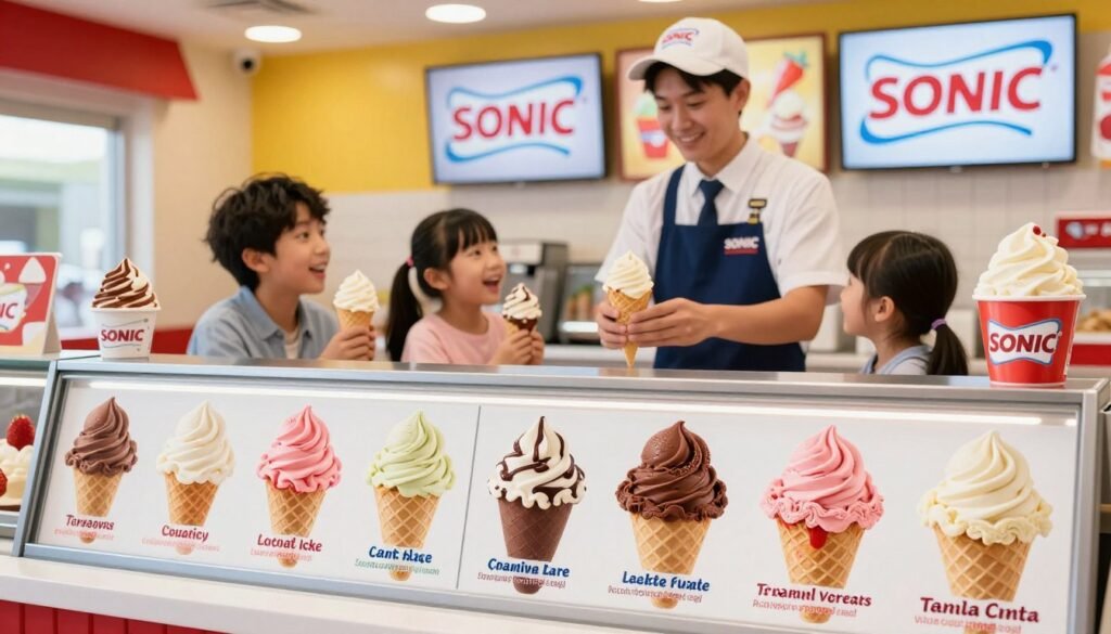 A vibrant, eye-catching display of a Sonic ice cream menu sits at the forefront, featuring a variety of colorful ice cream flavors like strawberry, chocolate fudge, and vanilla, each accurately labeled with enticing visuals. The middle ground showcases a cheerful ice cream shop setting, with a friendly staff member in smart casual attire serving a happy family enjoying their treats. The background features brightly colored signage with Sonic’s iconic colors, creating a fun and inviting atmosphere. Soft, warm lighting fills the scene, emphasizing the creamy textures of the ice cream and the joyful expressions of the patrons. The image is captured at a slight angle to showcase depth, inviting viewers to feel the excitement of ordering from Sonic's delicious ice cream menu.