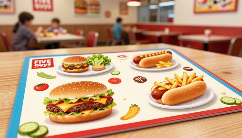 A vibrant illustration showcasing the Five Guys Kids Menu pricing. In the foreground, a colorful menu board features attractive images of classic kids' meals like cheeseburgers, hot dogs, and fries, all styled to appear fresh and appetizing. The middle ground includes small, cheerful plates with miniature portions of these items, surrounded by playful illustrations of ingredients like tomatoes, lettuce, and sliced pickles. The background features a cozy fast-food restaurant interior with warm, inviting lighting, showcasing a family-friendly atmosphere. The scene should radiate a sense of fun and value, making it appealing to both kids and parents. Use a slightly elevated angle to capture the menu details effectively, ensuring the image conveys a delightful dining experience.