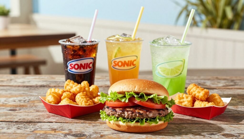 A vibrant, inviting display of Sonic's budget-friendly meal combinations laid on a rustic wooden table. In the foreground, a classic Sonic burger topped with fresh lettuce, tomato, and a perfectly grilled patty, alongside crispy tater tots in a red paper boat. In the middle, a colorful array of drinks including a small soda and a refreshing lemon-lime slush in clear cups, each with a straw. The background features a sunny outdoor setting with soft, diffused lighting to create a cheerful atmosphere, casting gentle shadows that enhance the meal's textures. The composition emphasizes affordability and satisfaction, sparking the viewer's craving for a delicious yet budget-conscious feast. Focus on a slightly elevated angle to capture the vibrant colors and details of each element. A vibrant, inviting display of Sonic's budget-friendly meal combinations laid on a rustic wooden table. In the foreground, a classic Sonic burger topped with fresh lettuce, tomato, and a perfectly grilled patty, alongside crispy tater tots in a red paper boat. In the middle, a colorful array of drinks including a small soda and a refreshing lemon-lime slush in clear cups, each with a straw. The background features a sunny outdoor setting with soft, diffused lighting to create a cheerful atmosphere, casting gentle shadows that enhance the meal's textures. The composition emphasizes affordability and satisfaction, sparking the viewer's craving for a delicious yet budget-conscious feast. Focus on a slightly elevated angle to capture the vibrant colors and details of each element.