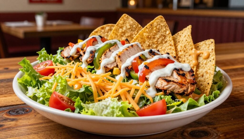 A vibrant, mouthwatering image of Chili's Quesadilla Explosion Salad, artfully arranged on a rustic wooden table. In the foreground, a large bowl filled with crisp romaine lettuce, juicy diced tomatoes, and shredded cheese, topped with melted queso and crunchy tortilla strips. Layered in the middle, slices of grilled chicken are perfectly arranged, with colorful bell peppers and a drizzle of ranch dressing cascading down the sides. In the background, a softly blurred restaurant interior gives a warm, inviting atmosphere, with soft ambient lighting that highlights the glossy textures of the ingredients. The image should capture the freshness and indulgence of this dish, evoking a mood of comfort and excitement. Shot from a slightly elevated angle to emphasize the salad's vibrant colors and intricate details. A vibrant, mouthwatering image of Chili's Quesadilla Explosion Salad, artfully arranged on a rustic wooden table. In the foreground, a large bowl filled with crisp romaine lettuce, juicy diced tomatoes, and shredded cheese, topped with melted queso and crunchy tortilla strips. Layered in the middle, slices of grilled chicken are perfectly arranged, with colorful bell peppers and a drizzle of ranch dressing cascading down the sides. In the background, a softly blurred restaurant interior gives a warm, inviting atmosphere, with soft ambient lighting that highlights the glossy textures of the ingredients. The image should capture the freshness and indulgence of this dish, evoking a mood of comfort and excitement. Shot from a slightly elevated angle to emphasize the salad's vibrant colors and intricate details.