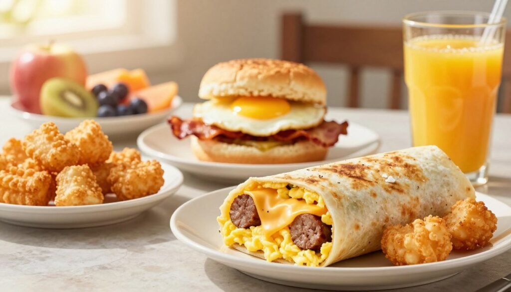 A vibrant tabletop scene showcasing an array of Sonic breakfast combos. In the foreground, an inviting spread featuring a classic breakfast burrito filled with fluffy scrambled eggs, melted cheese, and savory sausage, alongside crispy tater tots and a refreshing orange juice cup. The middle ground includes a delightful Sonic breakfast sandwich, layered with a fluffy biscuit, sunny-side-up egg, and a slice of bacon. A side of fresh fruit adds a pop of color. In the background, soft morning sunlight streams in, casting a warm glow over the scene, enhancing the appetizing textures and colors of the food. The atmosphere is cheerful and inviting, perfect for a delicious breakfast that fuels the day ahead. A vibrant tabletop scene showcasing an array of Sonic breakfast combos. In the foreground, an inviting spread featuring a classic breakfast burrito filled with fluffy scrambled eggs, melted cheese, and savory sausage, alongside crispy tater tots and a refreshing orange juice cup. The middle ground includes a delightful Sonic breakfast sandwich, layered with a fluffy biscuit, sunny-side-up egg, and a slice of bacon. A side of fresh fruit adds a pop of color. In the background, soft morning sunlight streams in, casting a warm glow over the scene, enhancing the appetizing textures and colors of the food. The atmosphere is cheerful and inviting, perfect for a delicious breakfast that fuels the day ahead.