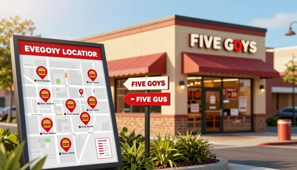A visually appealing Five Guys store locator scene set in a vibrant urban environment. In the foreground, a stylish, modern street map showcasing various Five Guys locations with iconic red and white color schemes, prominently featuring burger icons at each marker. In the middle, a directional sign pointing towards a Five Guys restaurant, surrounded by greenery and animated with subtle motion as if a soft breeze is blowing. In the background, an inviting Five Guys storefront with its classic awning, illuminated by warm golden hour sunlight, creating a welcoming atmosphere. The image captures a sense of excitement and anticipation for delicious burgers, with a clear blue sky adding to the overall cheerful mood. The photograph is taken at a slight angle to enhance depth, with a soft focus on the storefront to maintain emphasis on the locator elements.