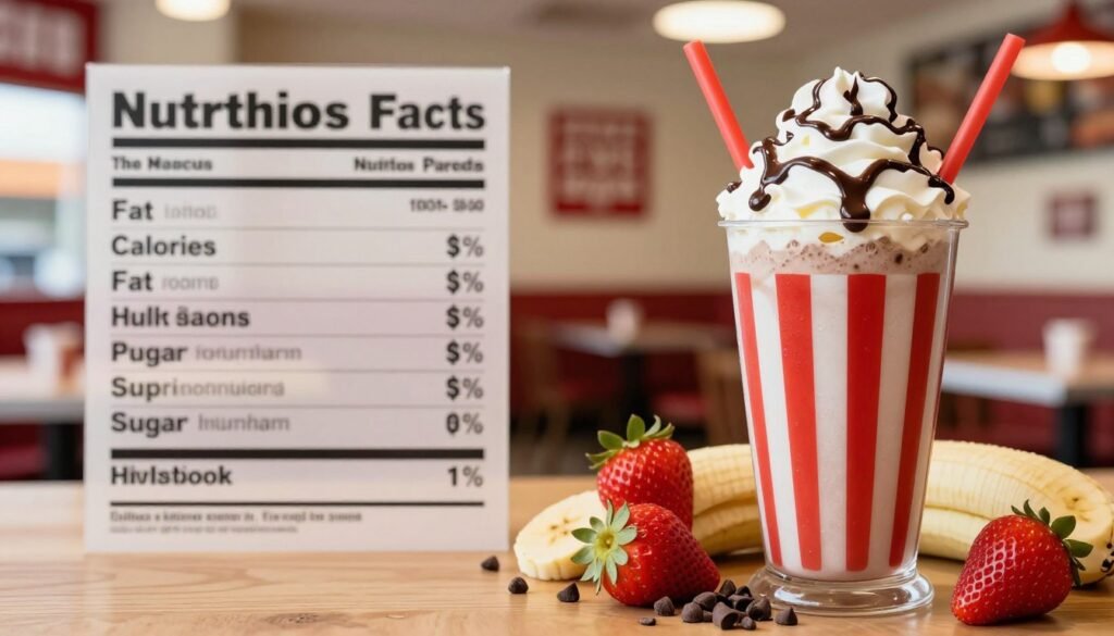 A visually appealing depiction of a Five Guys milkshake, focusing on its nutritional information. In the foreground, a tall, expertly crafted milkshake in a classic red and white striped cup, topped with whipped cream and drizzled chocolate syrup, alongside a colorful selection of fresh ingredients like strawberries, bananas, and chocolate chips. The middle ground includes a subtle display of nutritional facts, such as calories, fat content, and sugar levels, elegantly laid out without text or distractions. The background features a softly blurred Five Guys restaurant interior, highlighting the casual dining atmosphere with warm lighting that creates a cozy, inviting mood. Utilize a shallow depth of field to draw attention to the milkshake while ensuring the scene remains harmonious and visually appealing. The angle should be slightly elevated to capture the luscious details of the milkshake and its surroundings.
