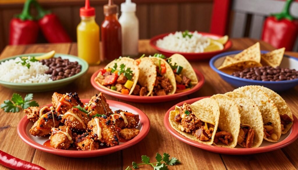A visually appealing overhead view of a Chili's family meal deal, showcasing a variety of dishes that reflect the 3 for Me Menu. In the foreground, include vibrant plates filled with savory chicken fajitas, crispy tortillas, and sides of rice and beans. The middle section features an inviting wooden table, garnished with fresh herbs and colorful condiments. In the background, softly blurred chili pepper decorations and warm lighting create a cozy, inviting atmosphere reminiscent of a chili-themed restaurant. Use a shallow depth of field to focus on the meal, emphasizing its deliciousness while conveying a family-friendly, enjoyable dining experience. The mood should feel fun and friendly, inviting viewers to savor the value and variety of the meal deals. A visually appealing overhead view of a Chili's family meal deal, showcasing a variety of dishes that reflect the 3 for Me Menu. In the foreground, include vibrant plates filled with savory chicken fajitas, crispy tortillas, and sides of rice and beans. The middle section features an inviting wooden table, garnished with fresh herbs and colorful condiments. In the background, softly blurred chili pepper decorations and warm lighting create a cozy, inviting atmosphere reminiscent of a chili-themed restaurant. Use a shallow depth of field to focus on the meal, emphasizing its deliciousness while conveying a family-friendly, enjoyable dining experience. The mood should feel fun and friendly, inviting viewers to savor the value and variety of the meal deals.