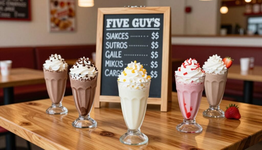 A visually appealing scene showcasing a variety of Five Guys milkshakes arranged on a premium wooden table. In the foreground, focus on three large milkshakes in clear cups, each topped with whipped cream and colorful toppings. Flavors such as chocolate, vanilla, and strawberry are visually distinct. The middle ground features a chalkboard displaying prices creatively, with a clean, modern design, emphasizing affordability. In the background, a warm and inviting restaurant atmosphere is created, with cozy seating and soft lighting illuminating the space. Capture the image from a slight high angle to emphasize both the shakes and the welcoming environment. The overall mood is vibrant, casual, and family-friendly, perfect for illustrating dessert indulgence.