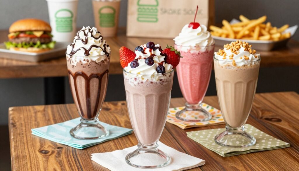 A visually enticing display of Shake Shack's secret menu milkshake combinations. In the foreground, showcase three unique milkshakes in tall, frosted glasses: a rich chocolate shake with whipped cream and chocolate drizzle, a vibrant strawberry shake topped with fresh berries, and a creamy peanut butter shake adorned with crushed peanuts. The middle layer features a wooden table with a rustic texture and colorful napkins, creating a warm, inviting atmosphere. In the background, softly blurred images of Shake Shack's classic burgers and fries add depth without distracting from the main focus. The lighting is bright and cheerful, highlighting the delicious textures and colors of the shakes, creating an appetizing and fun mood, perfect for a foodie article about hidden menu delights.