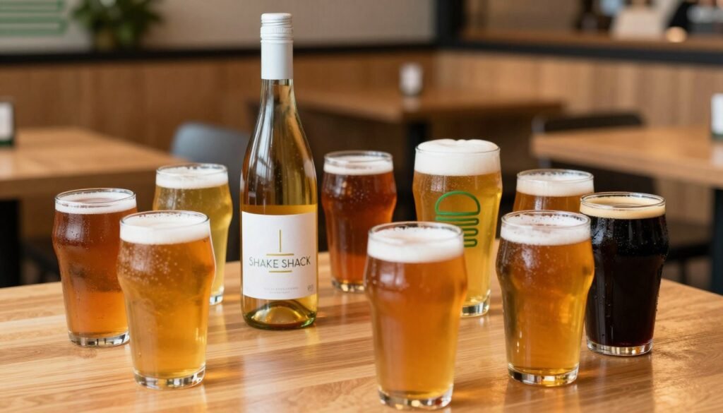 A well-lit table at a Shake Shack location featuring an array of craft beers and wines. In the foreground, focus on several unique beer glasses filled with vibrant amber, golden, and dark brews, with condensation glistening on the sides. In the middle, display a stylish bottle of wine with a minimalist label, next to a frosty pint of their signature beer. The background subtly shows a cozy, casual dining environment with soft, warm lighting reflecting off wooden furniture and a hint of Shake Shack's iconic branding. Capture a relaxed, inviting atmosphere that encourages patrons to enjoy their drink selection, with a shallow depth of field to emphasize the beverages in focus while softly blurring the background. A well-lit table at a Shake Shack location featuring an array of craft beers and wines. In the foreground, focus on several unique beer glasses filled with vibrant amber, golden, and dark brews, with condensation glistening on the sides. In the middle, display a stylish bottle of wine with a minimalist label, next to a frosty pint of their signature beer. The background subtly shows a cozy, casual dining environment with soft, warm lighting reflecting off wooden furniture and a hint of Shake Shack's iconic branding. Capture a relaxed, inviting atmosphere that encourages patrons to enjoy their drink selection, with a shallow depth of field to emphasize the beverages in focus while softly blurring the background.